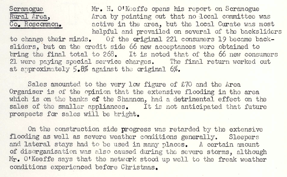 A scanned page from the ESB REO magazine about the Scramogue Rural Area.