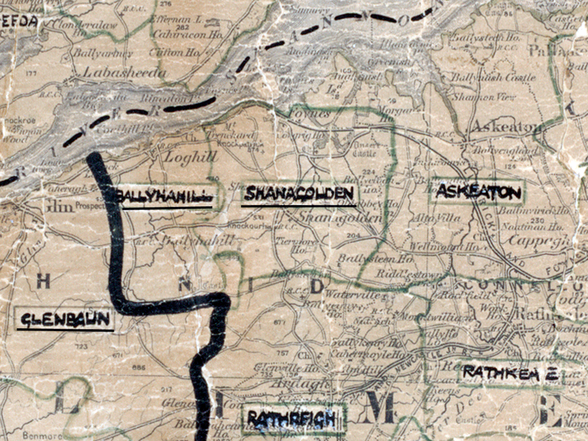A scanned, worn historical map from the 1940s of the  rural electrification area around Shanagolden.