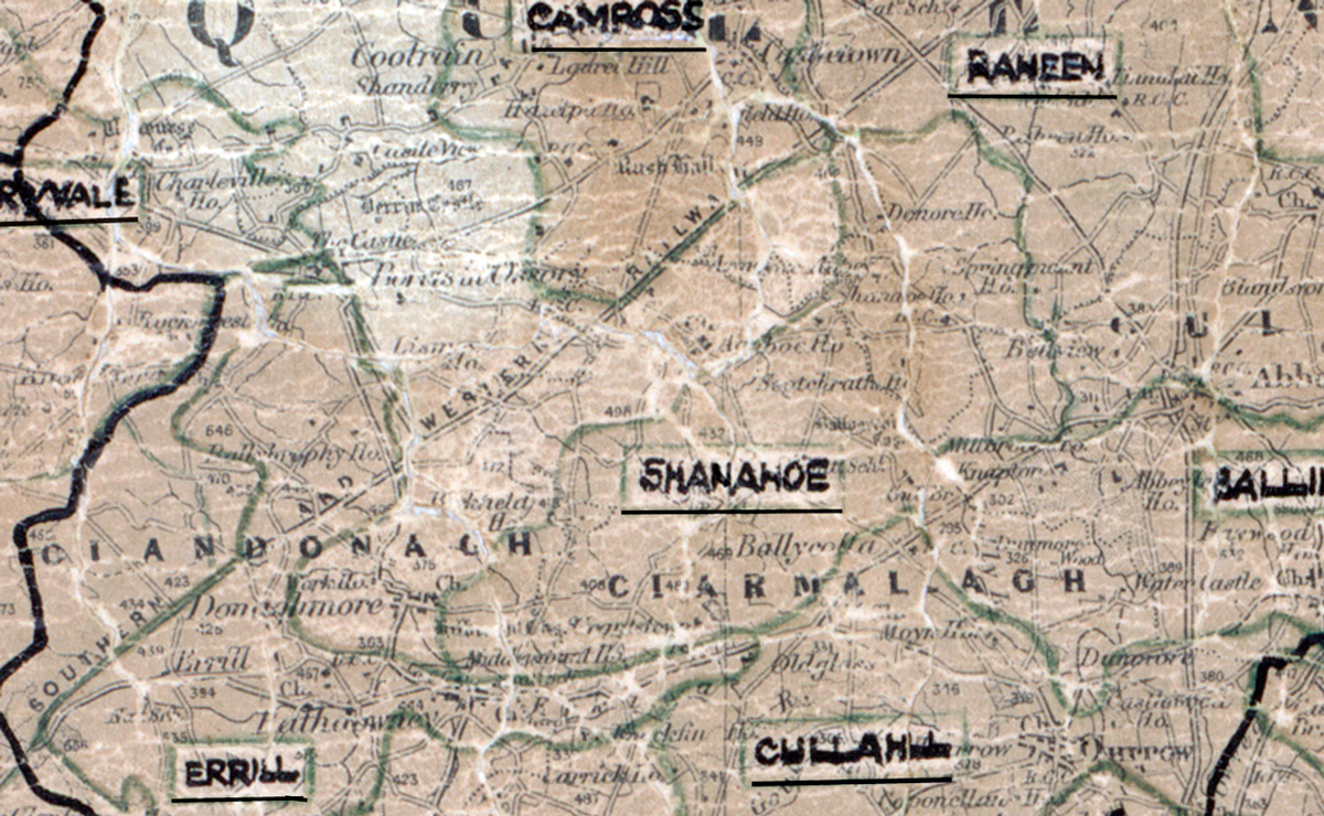 A scanned, worn historical map from the 1940s of the  rural electrification area around Shanahoe. A hand‑drawn boundary outlines the region, including Camross, Raheen, Culahill and Errill.