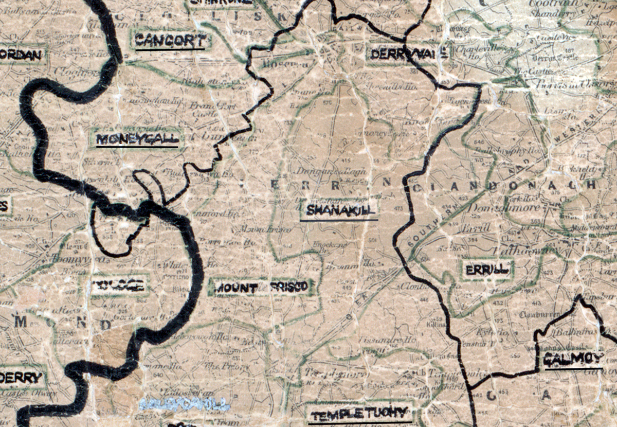 A scanned, worn historical map from the 1940s of the rural electrification area around Cangort. A hand‑drawn boundary outlines the region, including Moneygall, Shanaval, Errill, Templetuohy, and Mountpleasant.