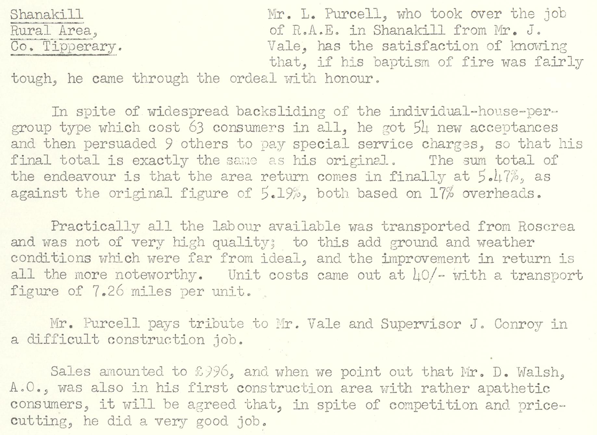 A scanned page from the ESB REO magazine about the Shanakill Rural Area