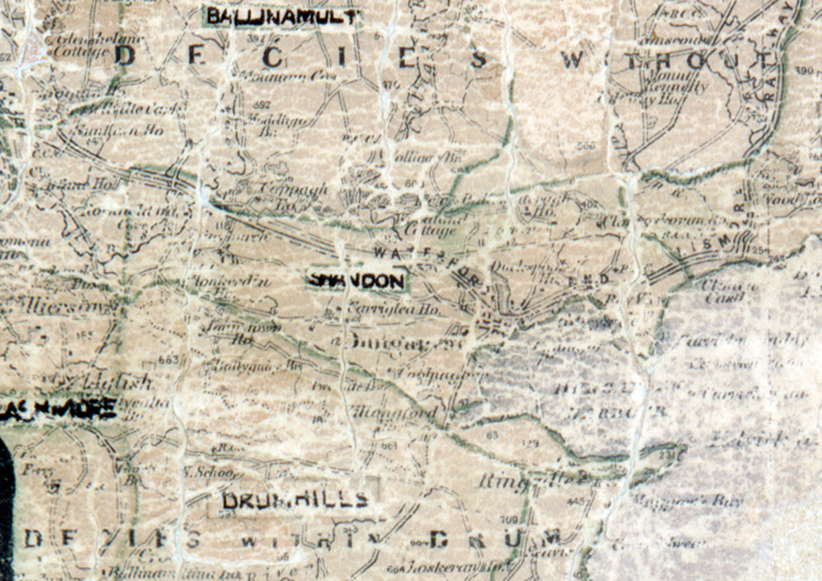A scanned, worn historical map from the 1940s of the  rural electrification area around Shandon.