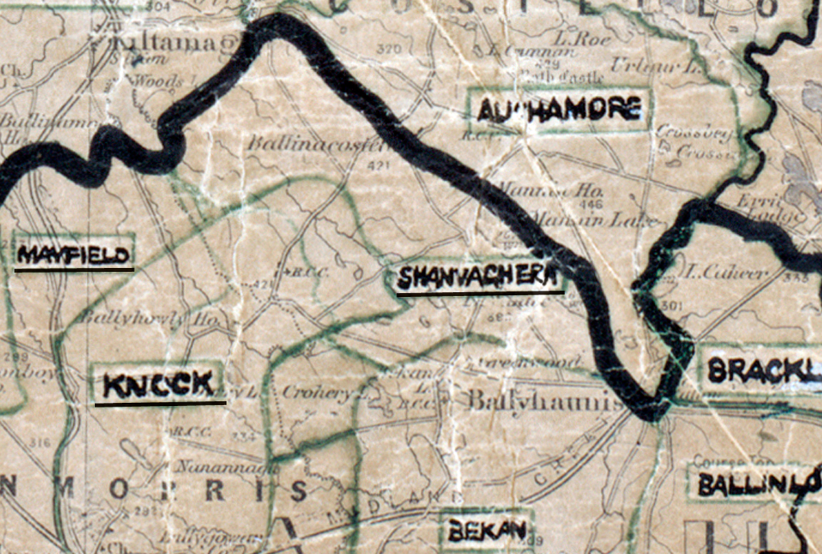 A scanned, worn historical map from the 1940s of the rural electrification area around Shanvaghera. A hand‑drawn boundary outlines the region, including Mansfield, Knock, Aghamore, Bracklagh, and Bekan.