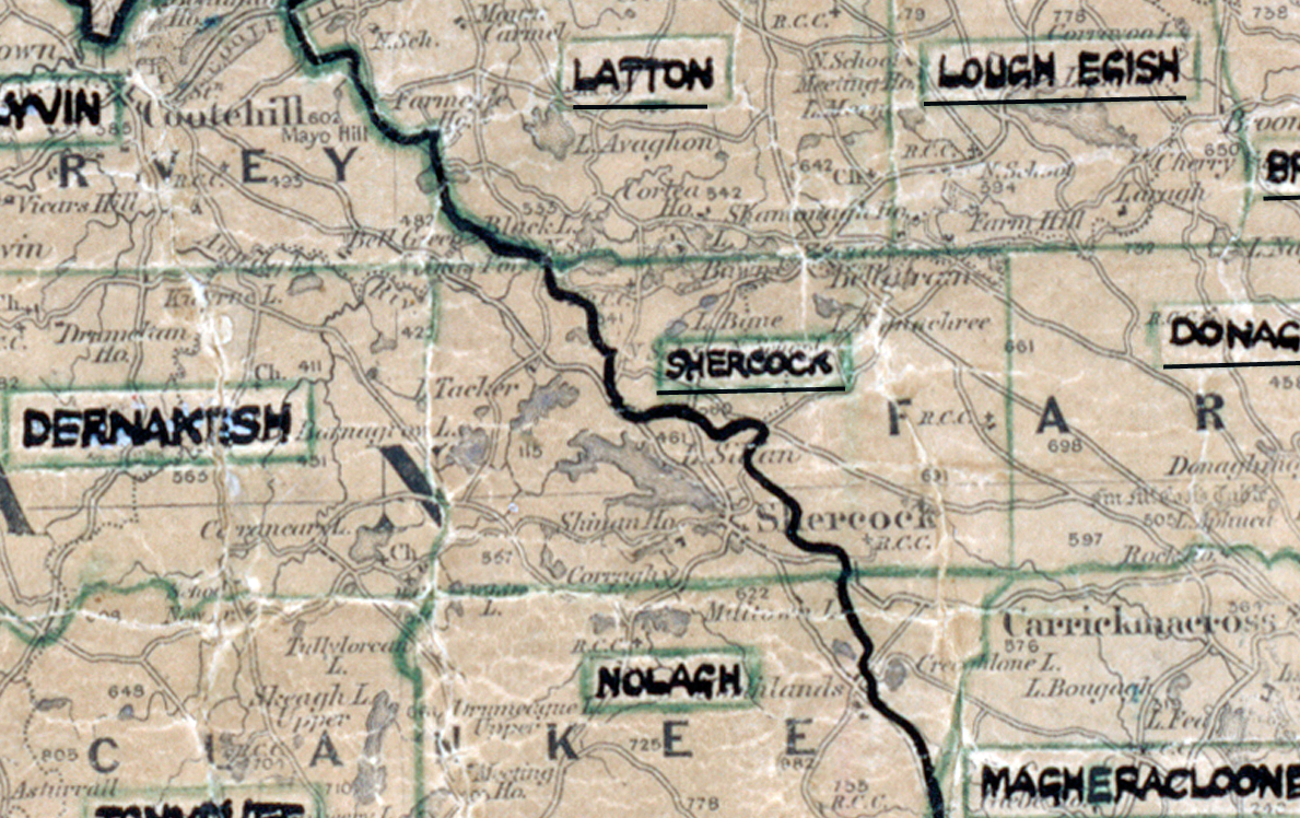 A scanned, worn historical map from the 1940s of the  rural electrification area around Shercock.
