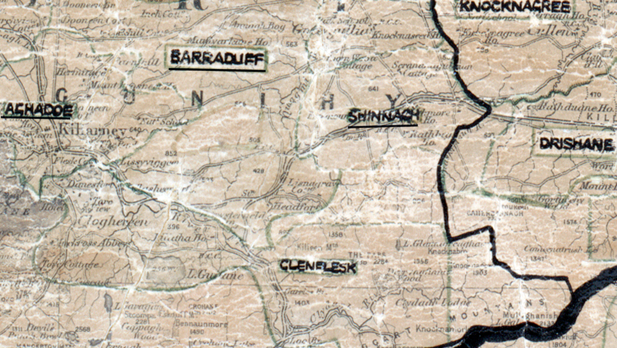 A scanned, worn historical map from the 1940s of the  rural electrification area around Shinnagh. A hand‑drawn boundary outlines the region, including Barraduff, Aghadoe, Drishane, Knocknagre and Glenflesk.