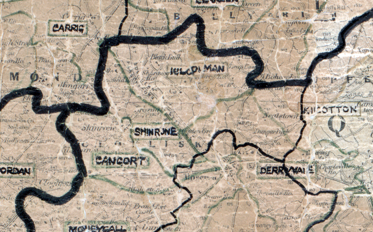 A scanned, worn historical map from the 1940s of the  rural electrification area around Shinrone.