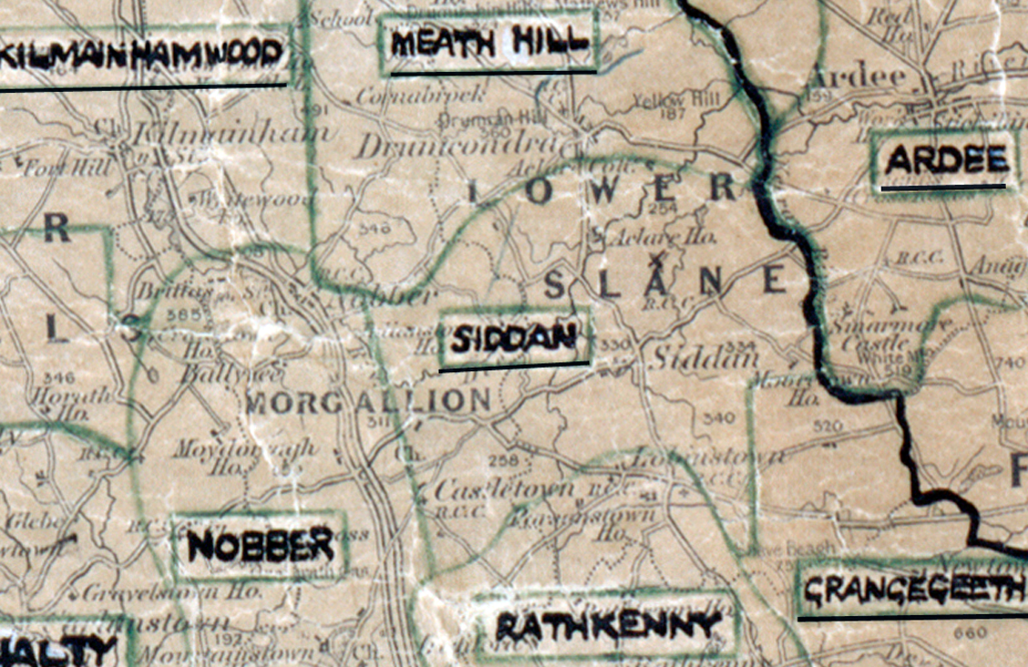 A scanned, worn historical map from the 1940s of the  rural electrification area around Siddan. A hand‑drawn boundary outlines the region, including Kilmainhamwood, Meath Hill, Ardee, Nobber, Rathkenny and Grangegeeth.