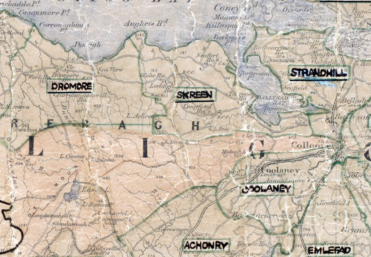 A scanned, worn historical map from the 1940s of the  	rural electrification area around Skreen. A hand‑drawn boundary outlines the region, including Dromore, Coolaney, Achonry, Strandhill and Emlefad.