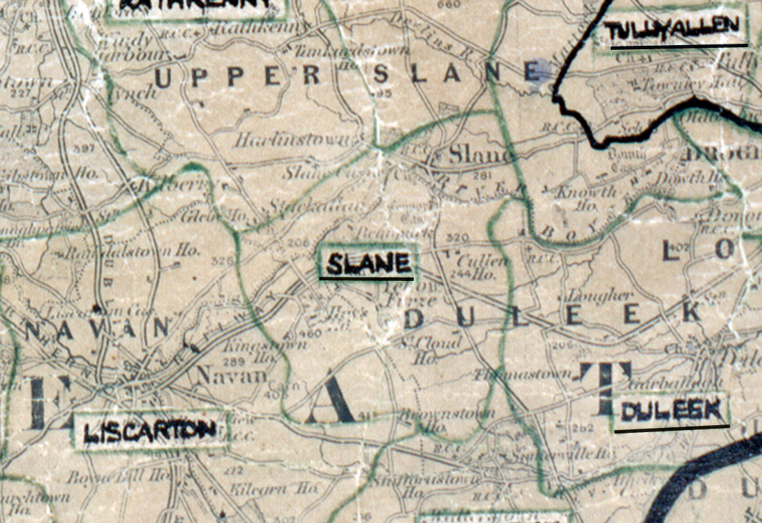 A scanned, worn historical map from the 1940s of the  rural electrification area around Slane. A  hand‑drawn boundary outlines the region.