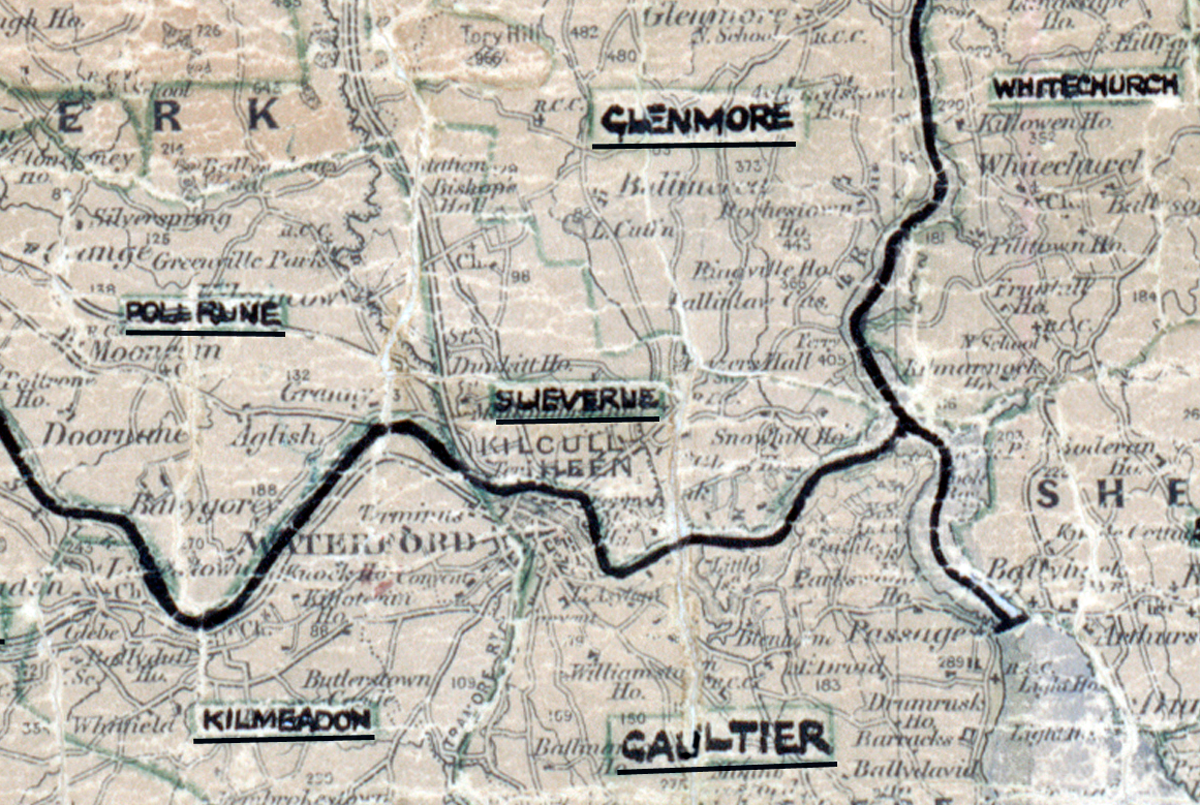 A scanned, worn historical map from the 1940s of the  rural electrification area around Slieverue.
