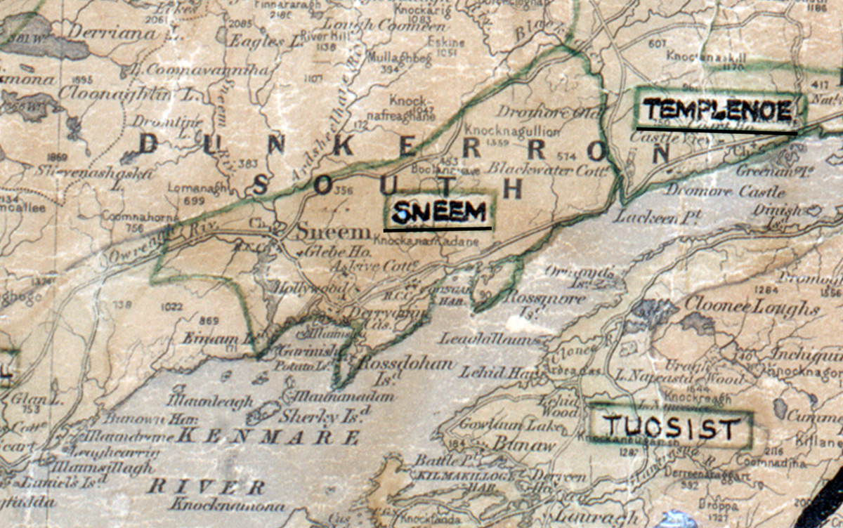A scanned, worn historical map from the 1940s of the  rural electrification area around Sneem. A  hand‑drawn boundary outlines the region.