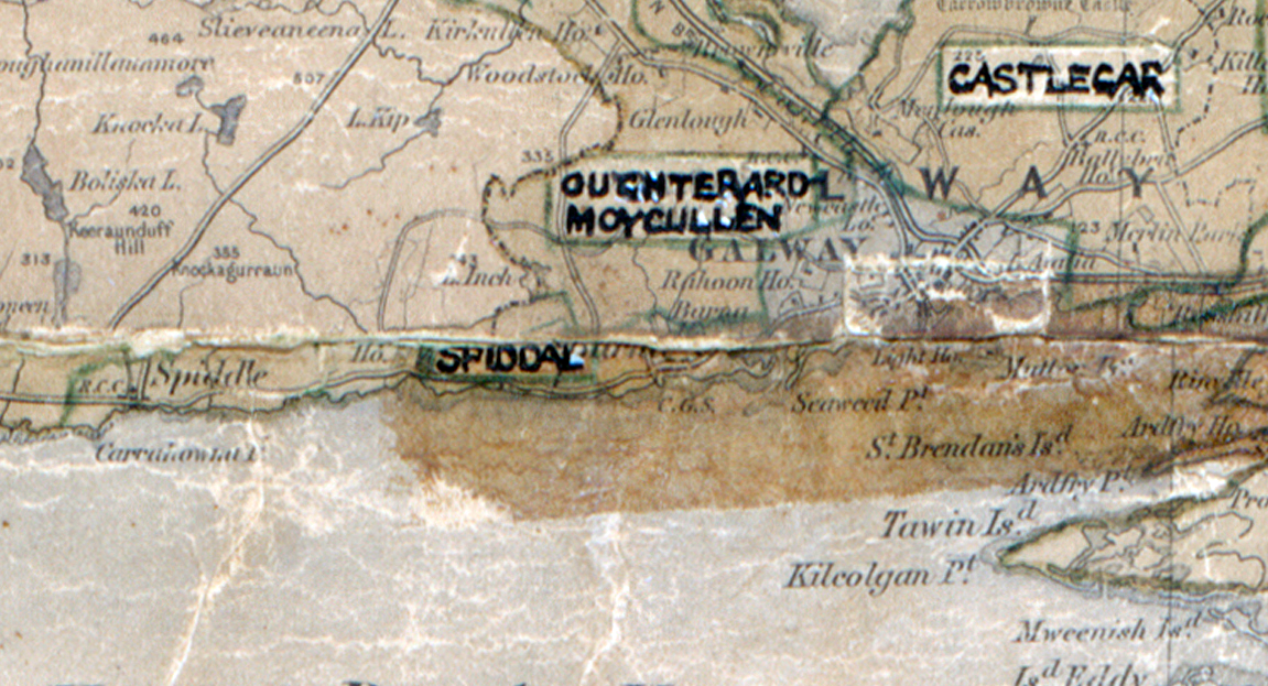 A scanned, worn historical map from the 1940s of the  rural electrification area around Spiddal.