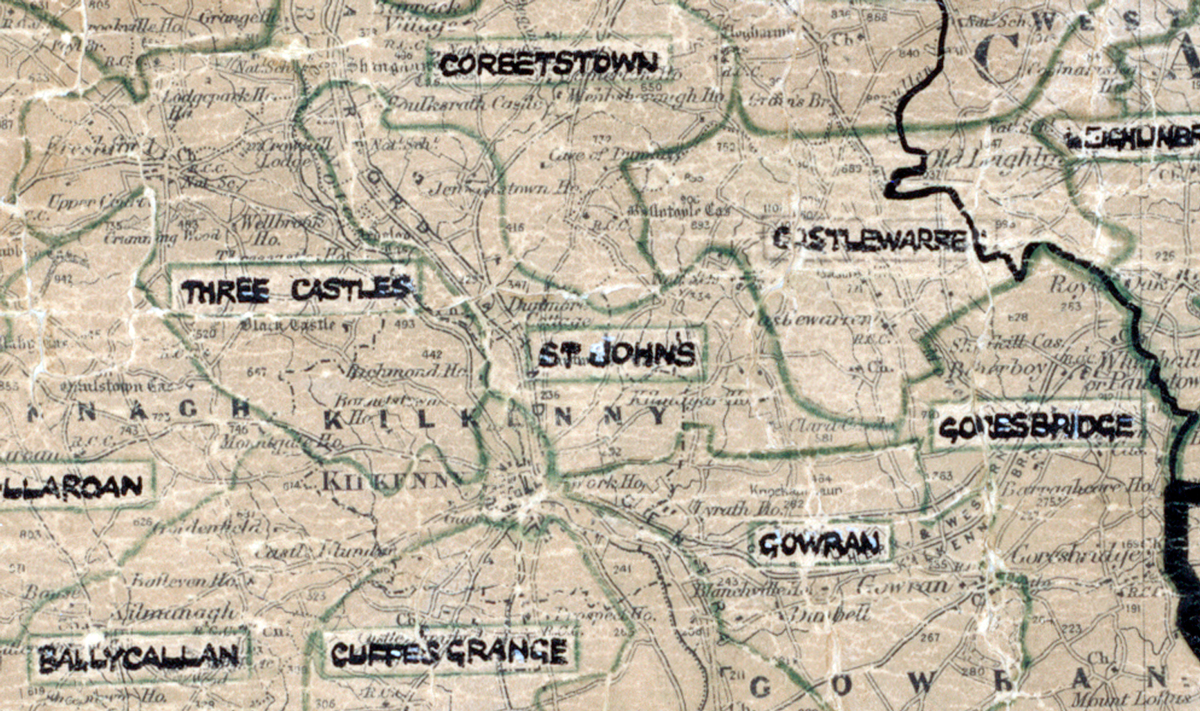 A scanned, worn historical map from the 1940s of the rural electrification area around St. Johns. A hand‑drawn boundary outlines the region, including Three Castles, Castlewarren, Goresbridge, Gowran, Ballycallan, and Cuffesgrange.