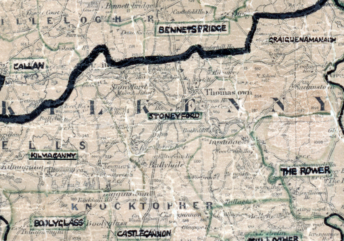 A scanned, worn historical map from the 1940s of the rural electrification area around Stoneyford. A hand‑drawn boundary outlines the region, including Callan, Bennettsbridge, Graiguenamanagh, Kilmaganny, Knocktopher, and Castlecannon.