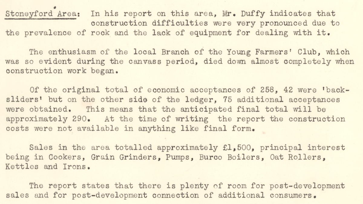 A scanned page from the ESB REO magazine about the Stoneyford Rural Area