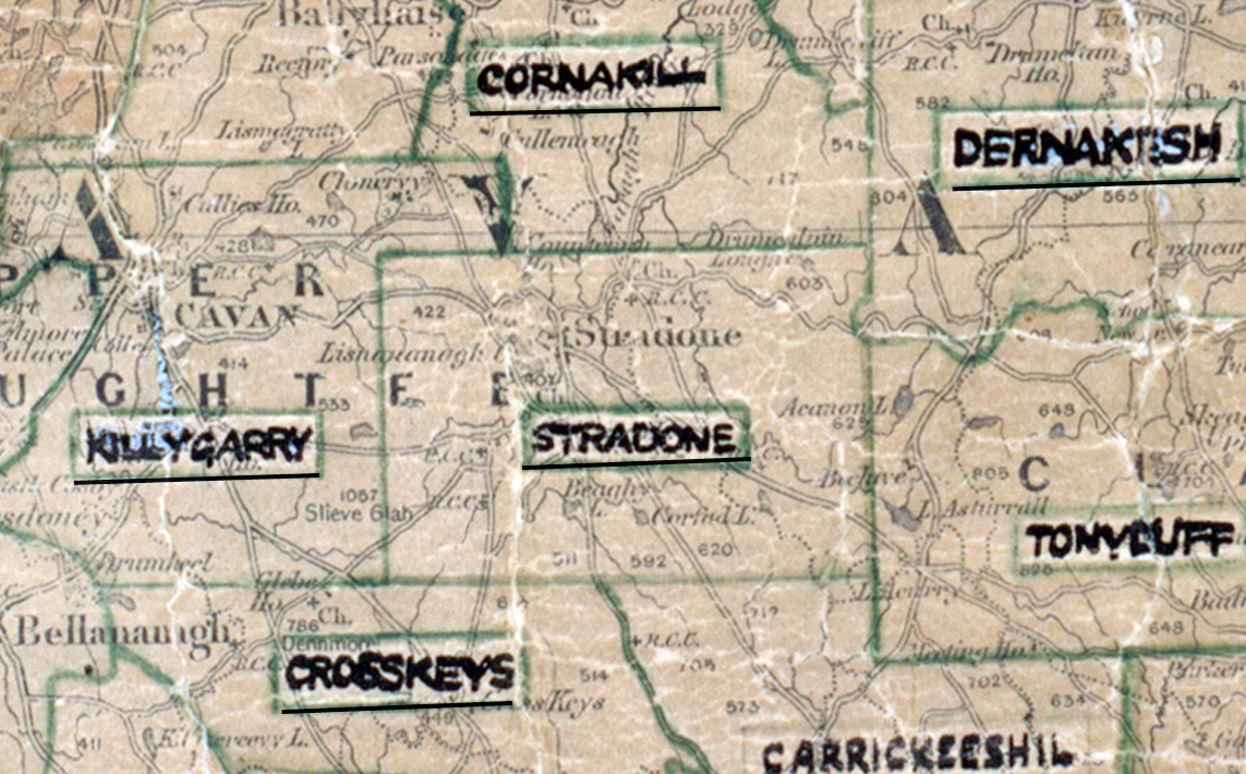 A scanned, worn historical map from the 1940s of the  rural electrification area around Stradone.