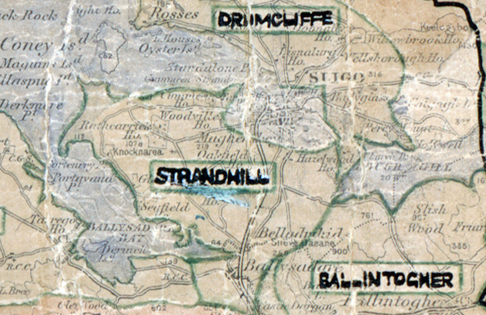 A scanned, worn historical map from the 1940s of the  rural electrification area around Strandhill. A  hand‑drawn boundary outlines the region.