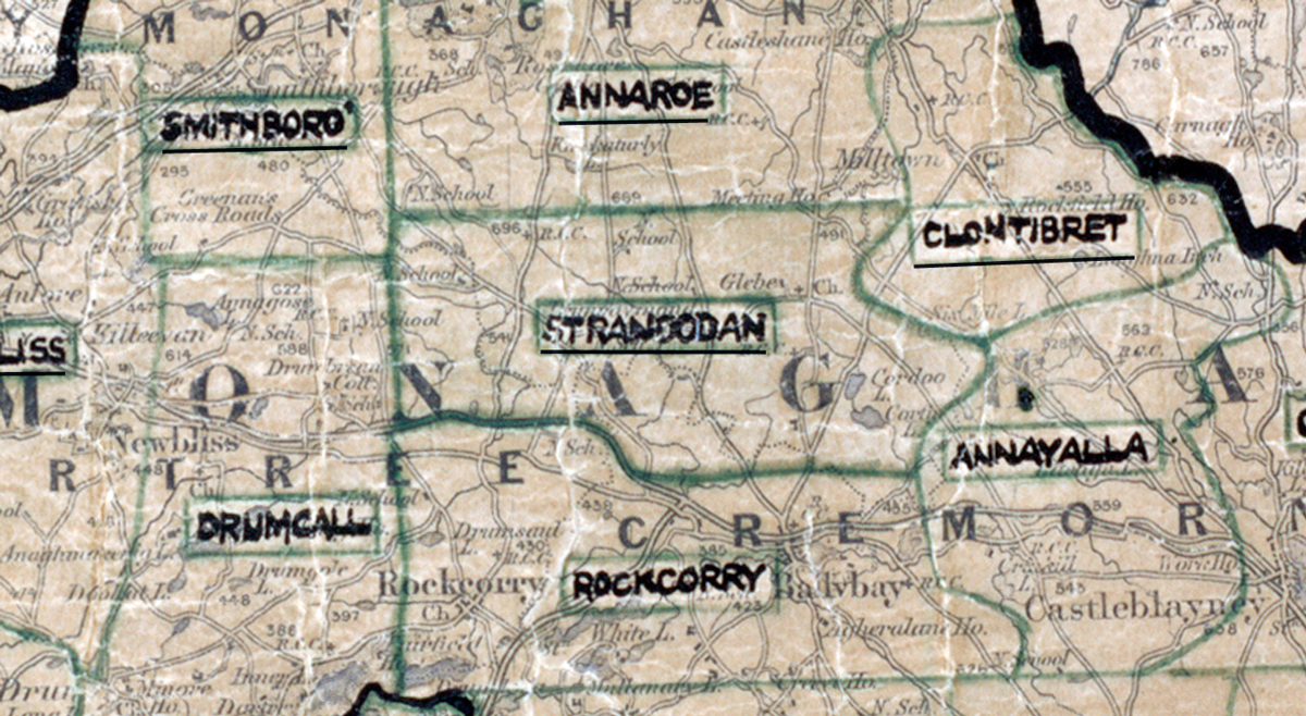 A scanned, worn historical map from the 1940s of the rural electrification area around Stranoodan. A hand‑drawn boundary outlines the region, including Smithboro, Annahoe, Clontibret, Drumcall, Rockcorry, and Annayalla.
