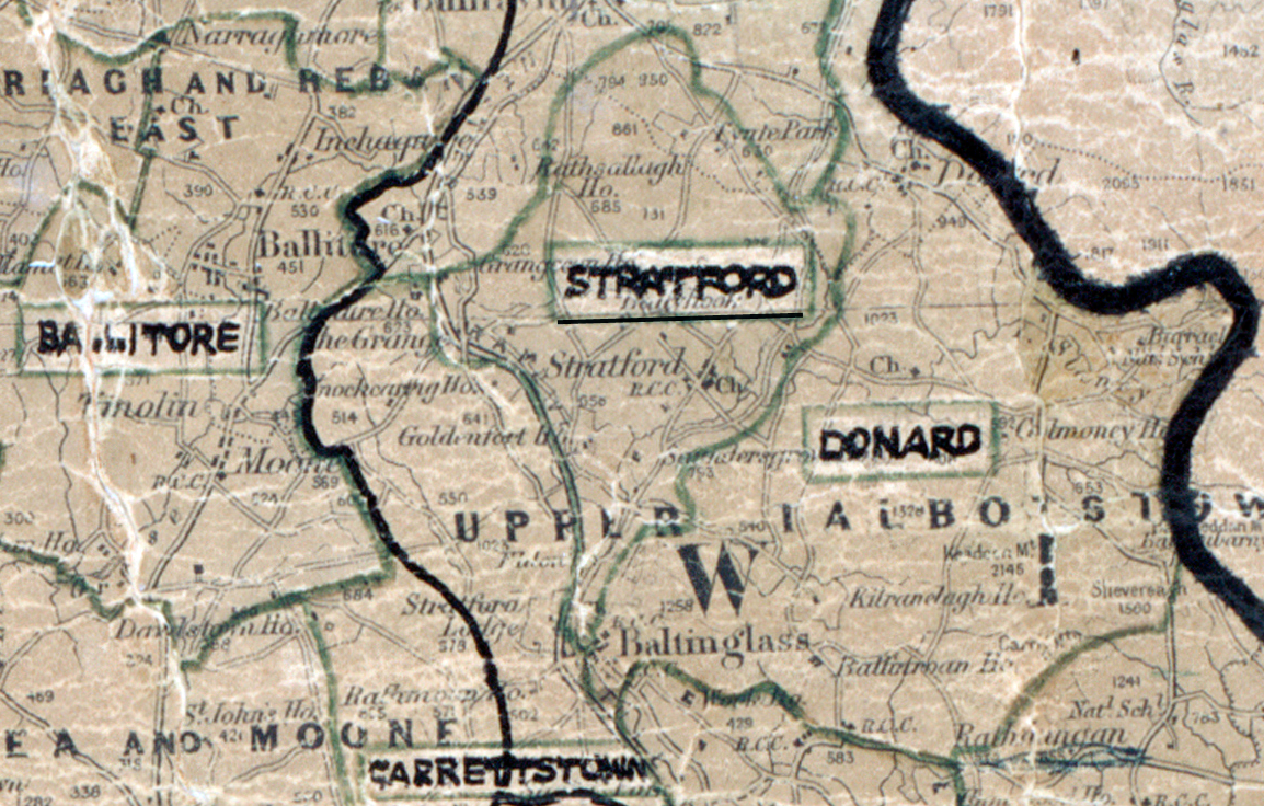 A scanned, worn historical map from the 1940s of the rural electrification area around Stratford. A hand‑drawn boundary outlines the region, including Donard, and Carretstown.