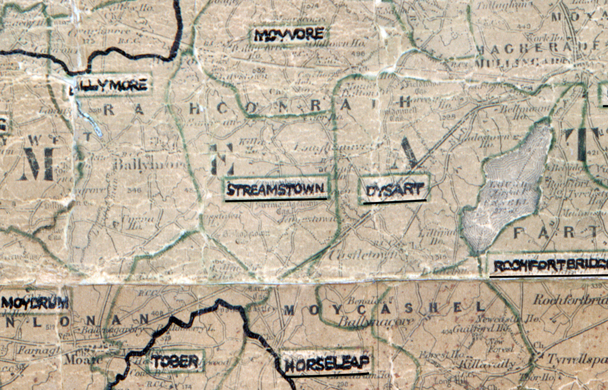A scanned, worn historical map from the 1940s of the  rural electrification area around Streamstown.