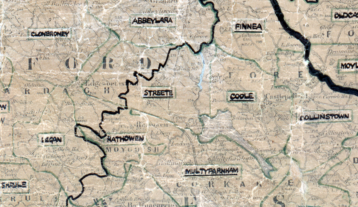 A scanned, worn historical map from the 1940s of the  rural electrification area around Streete.