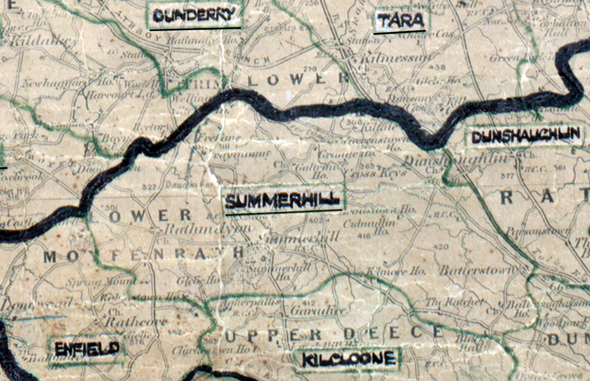 A scanned, worn historical map from the 1940s of the  rural electrification area around Summerhill. A hand‑drawn boundary outlines the region, including Dunderry, Tara, Enfield, Kilcloone and Dunshaughlin.