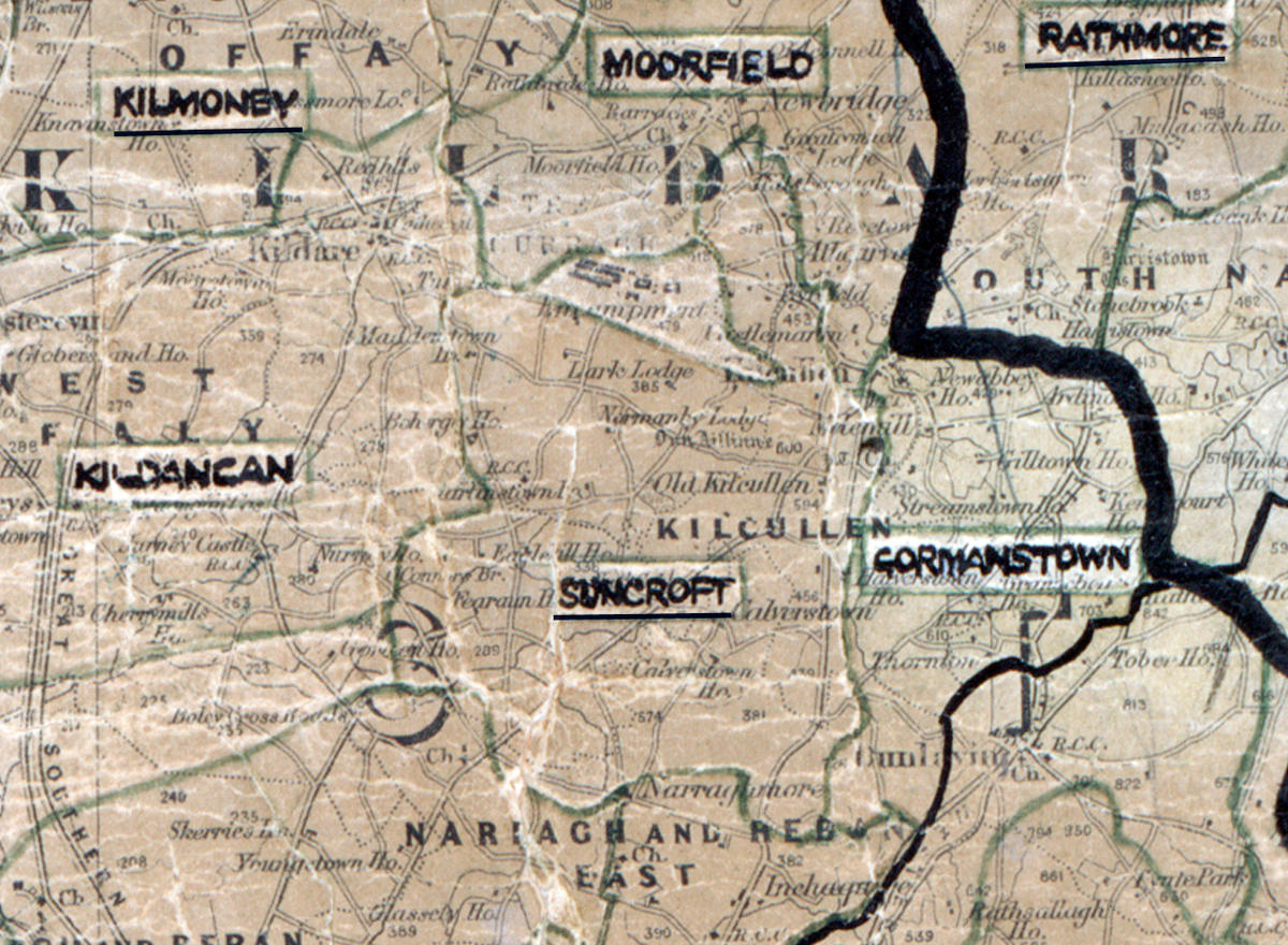 A scanned, worn historical map from the 1940s of the  rural electrification area around Suncroft. A hand‑drawn boundary outlines the region, including Kilmoney, Kildancan, Moorfield, Rathmore and Gormanstown.