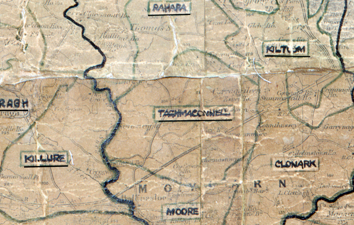 A scanned, worn historical map from the 1940s of the  rural electrification area around Tachmaconnell. A hand‑drawn boundary outlines the region, including Rahara, Killure, Moore and Clonark