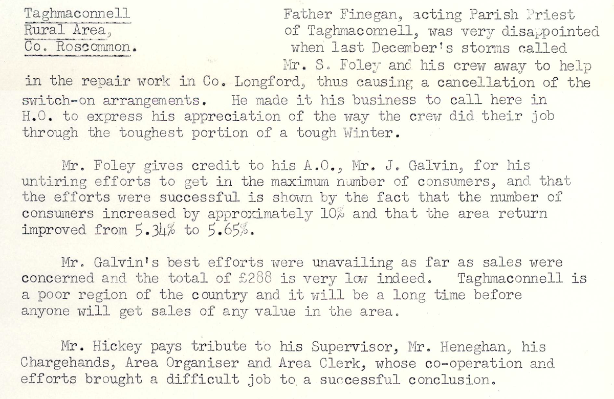 A scanned page from the ESB REO magazine about the Taghmaconnell Rural Area.