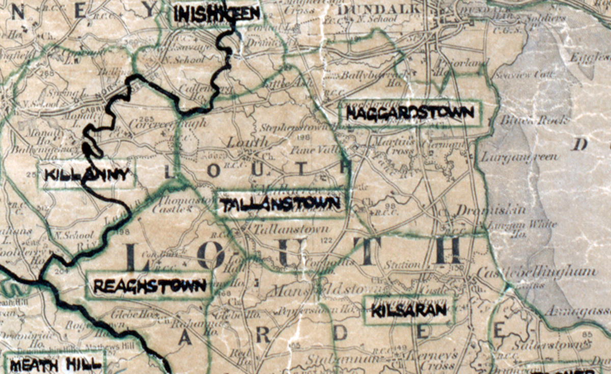 A scanned, worn historical map from the 1940s of the  rural electrification area around Tallanstown.