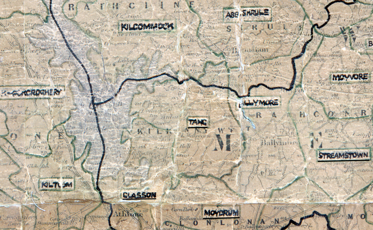 A scanned, worn historical map from the 1940s of the  rural electrification area around Tang.