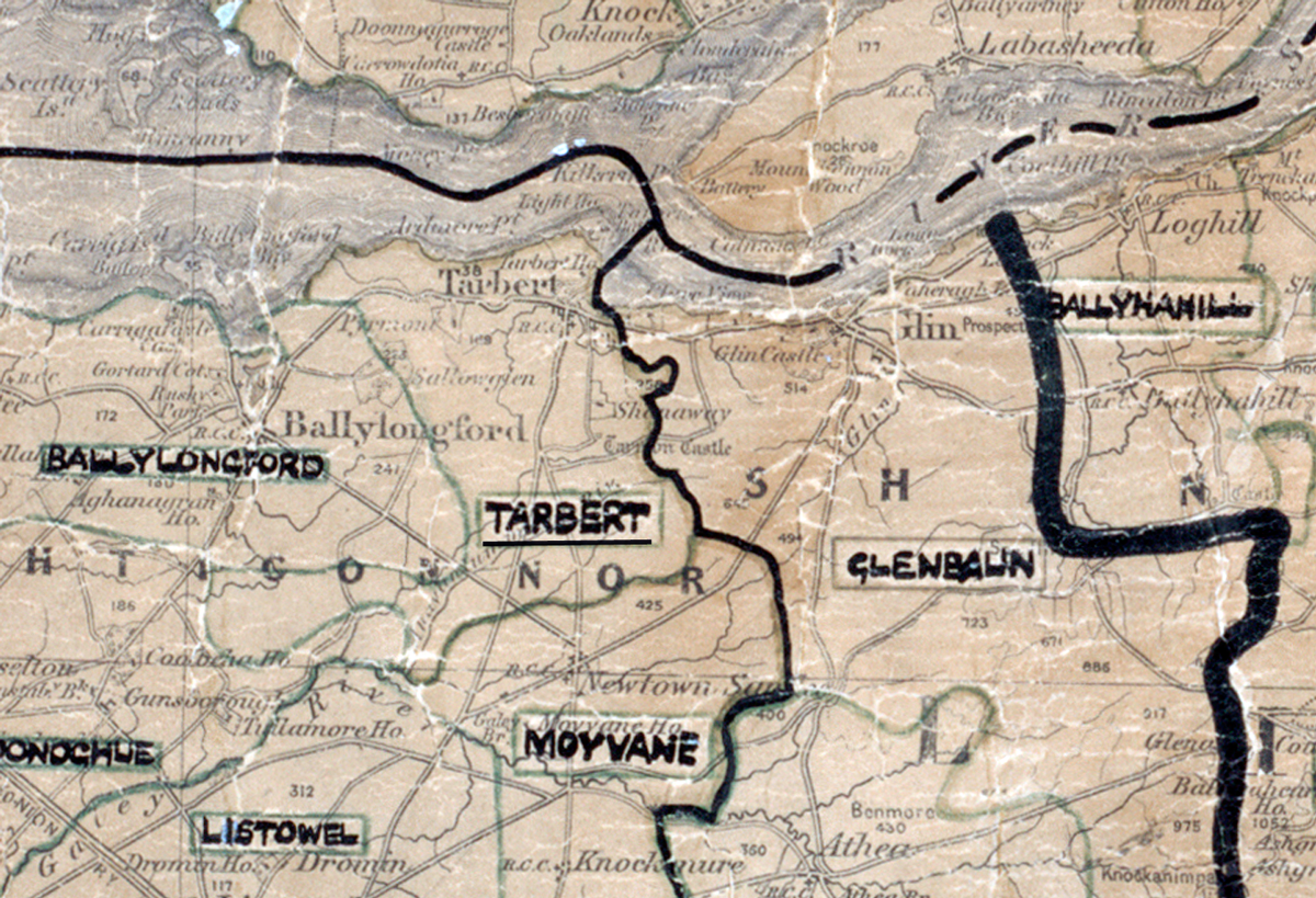 A scanned, worn historical map from the 1940s of the  	rural electrification area around Tarbert. A hand‑drawn boundary outlines the region, including Ballylongford, Ballynawhill, Listowel, Moyvane and Glenbalin.