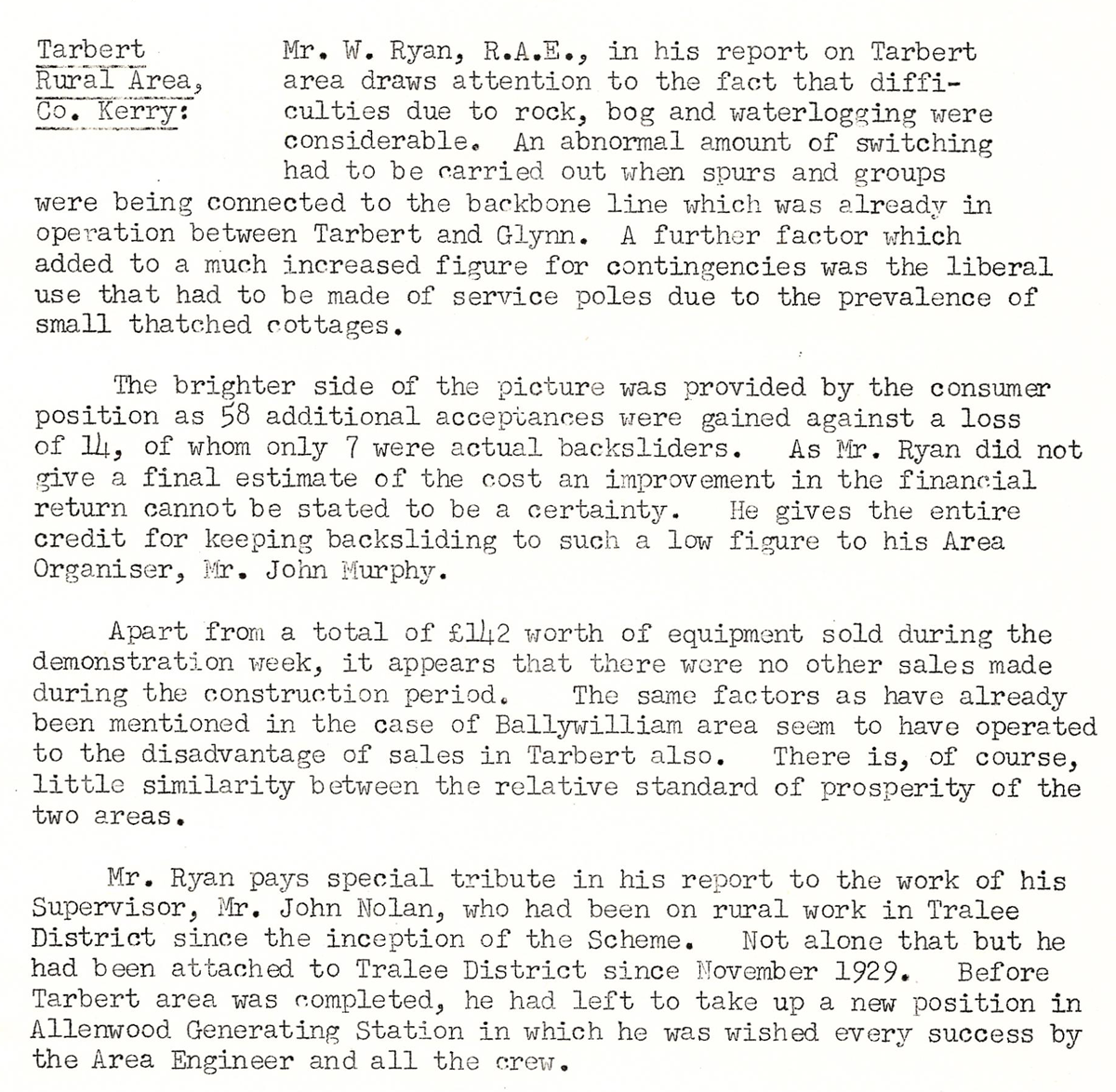 A scanned page from the ESB REO magazine about the Tarbert Rural Area.