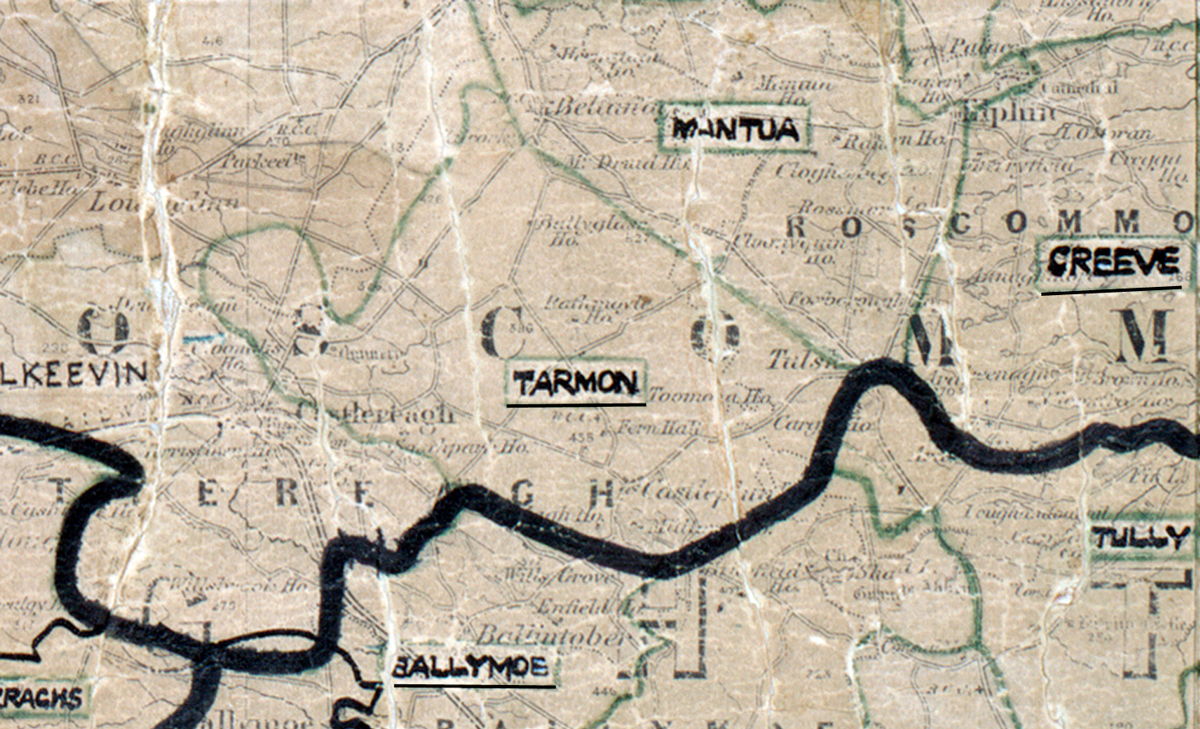 A scanned, worn historical map from the 1940s of the  rural electrification area around Tarmon. A  hand‑drawn boundary outlines the region.