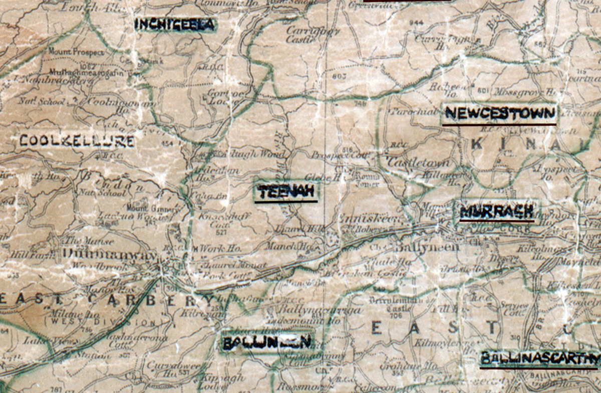 A scanned, worn historical map from the 1940s of the  rural electrification area around Teenah. A hand‑drawn boundary outlines the region, including Inchigeela, Coolkellure, Newcestown, Murragh, Ballineen and Ballinascarthy.