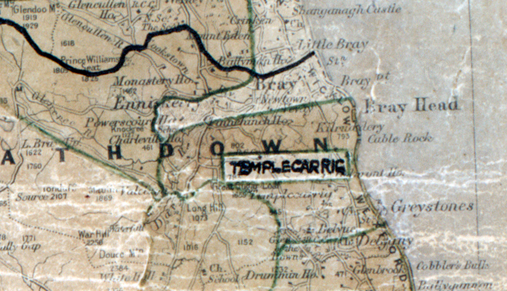 A scanned, worn historical map from the 1940s of the rural electrification area around Templecarrig. A hand‑drawn boundary outlines the region, including Bray head.