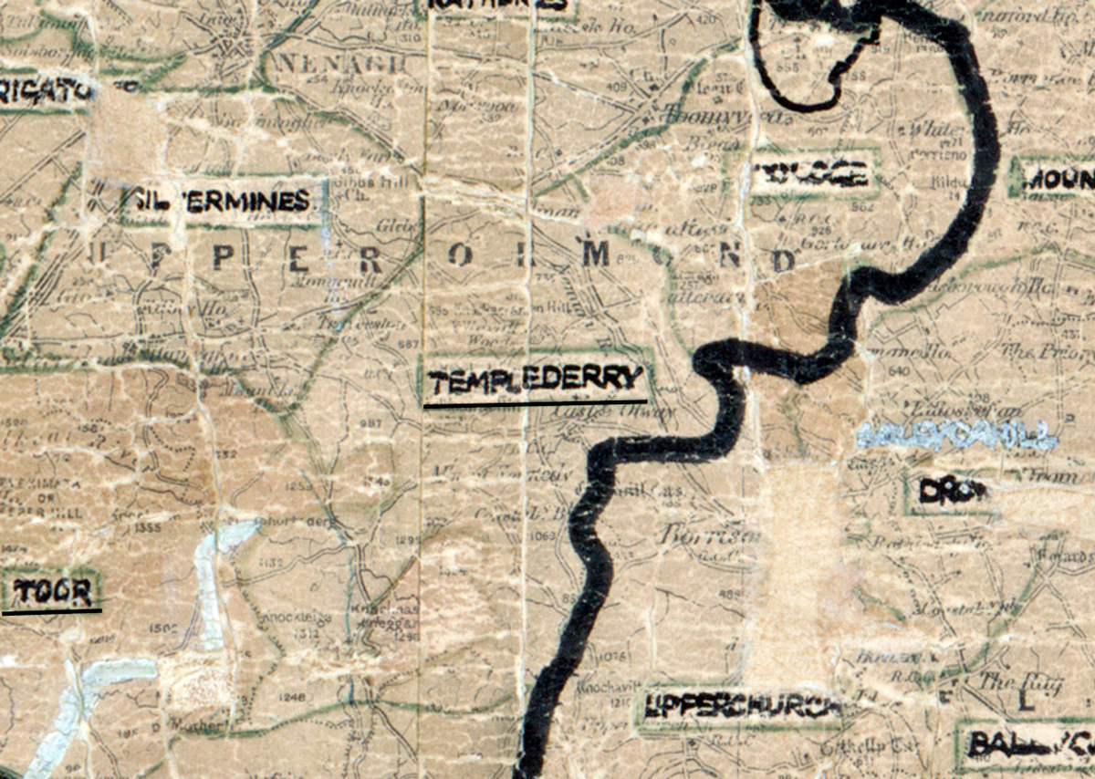 A scanned, worn historical map from the 1940s of the rural electrification area around Templederry. A hand‑drawn boundary outlines the region, including Silvermines, Upperchurch, and Toor.