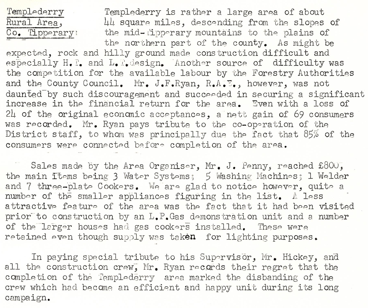 A scanned page from the ESB REO magazine about the Templederry Rural Area.