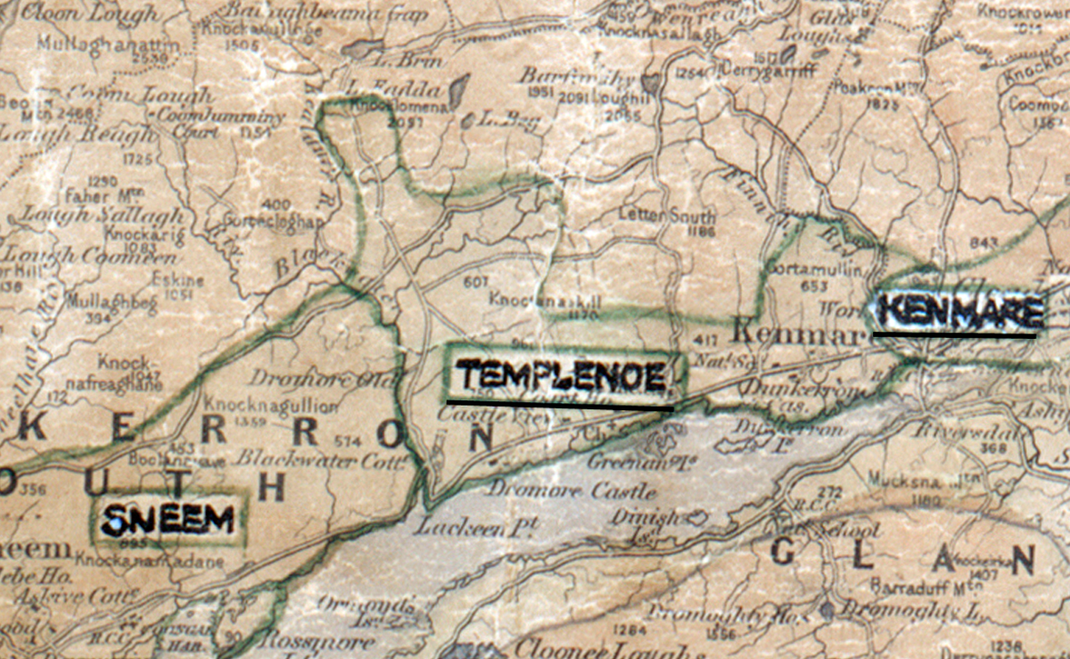 Map extract showing rural electrification areas in County Kerry, including Sneem, Templenoe and Kenmare.
