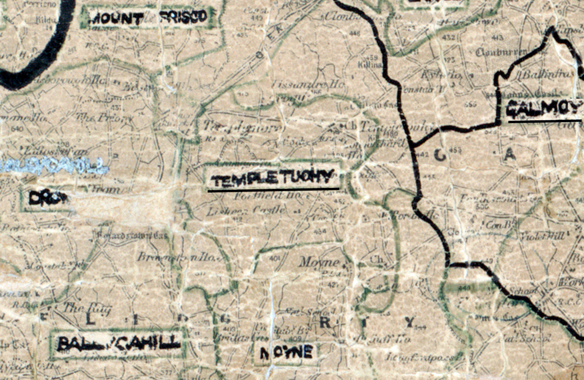 A scanned, worn historical map from the 1940s of the rural electrification area around Templetuohy. A hand‑drawn boundary outlines the region, including Ballycahill, Moyne, Galmoy, and Mountfrisco.