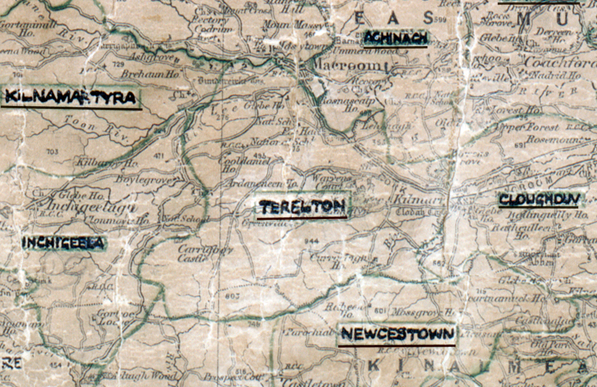 A scanned, worn historical map from the 1940s of the  rural electrification area around Terelton. A hand‑drawn boundary outlines the region, including Kilnamartyra, Aghinach, Inchigeela, Newcestown and Cloughduv.