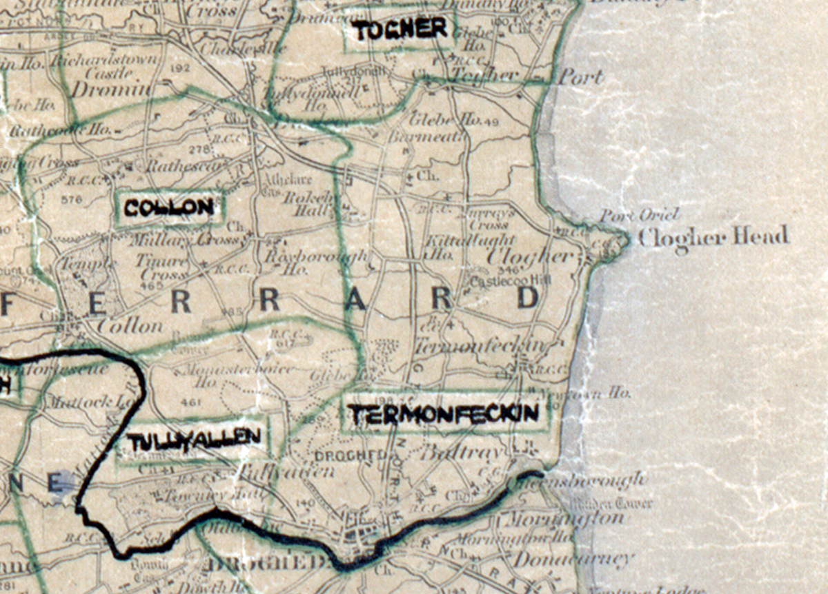 A scanned, worn historical map from the 1940s of the  rural electrification area around Termonfeckin.