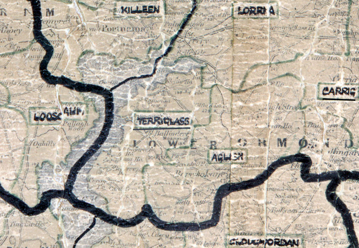 A scanned, worn historical map from the 1940s of the rural electrification area around Terryglass, . A hand‑drawn boundary outlines the region, including Lorrha, Carrig, Aglish, and Killeen.