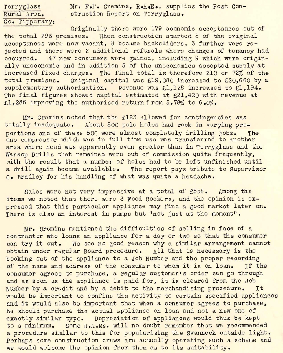 A scanned page from the ESB REO magazine about the Terryglass Rural Area
