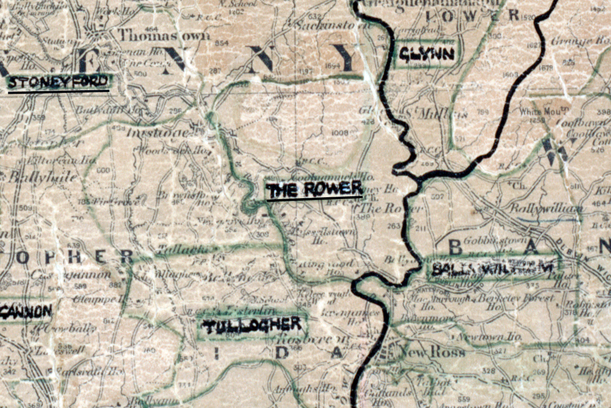 A scanned, worn historical map from the 1940s of the rural electrification area around The Rower, . A hand‑drawn boundary outlines the region, including Stoneyford, Tullogher, Glynn, and Ballywilliam.
