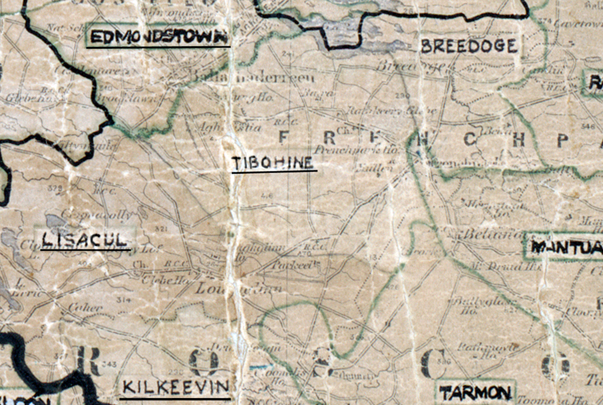A scanned, worn historical map from the 1940s of the  rural electrification area around Tibohine. A  hand‑drawn boundary outlines the region.