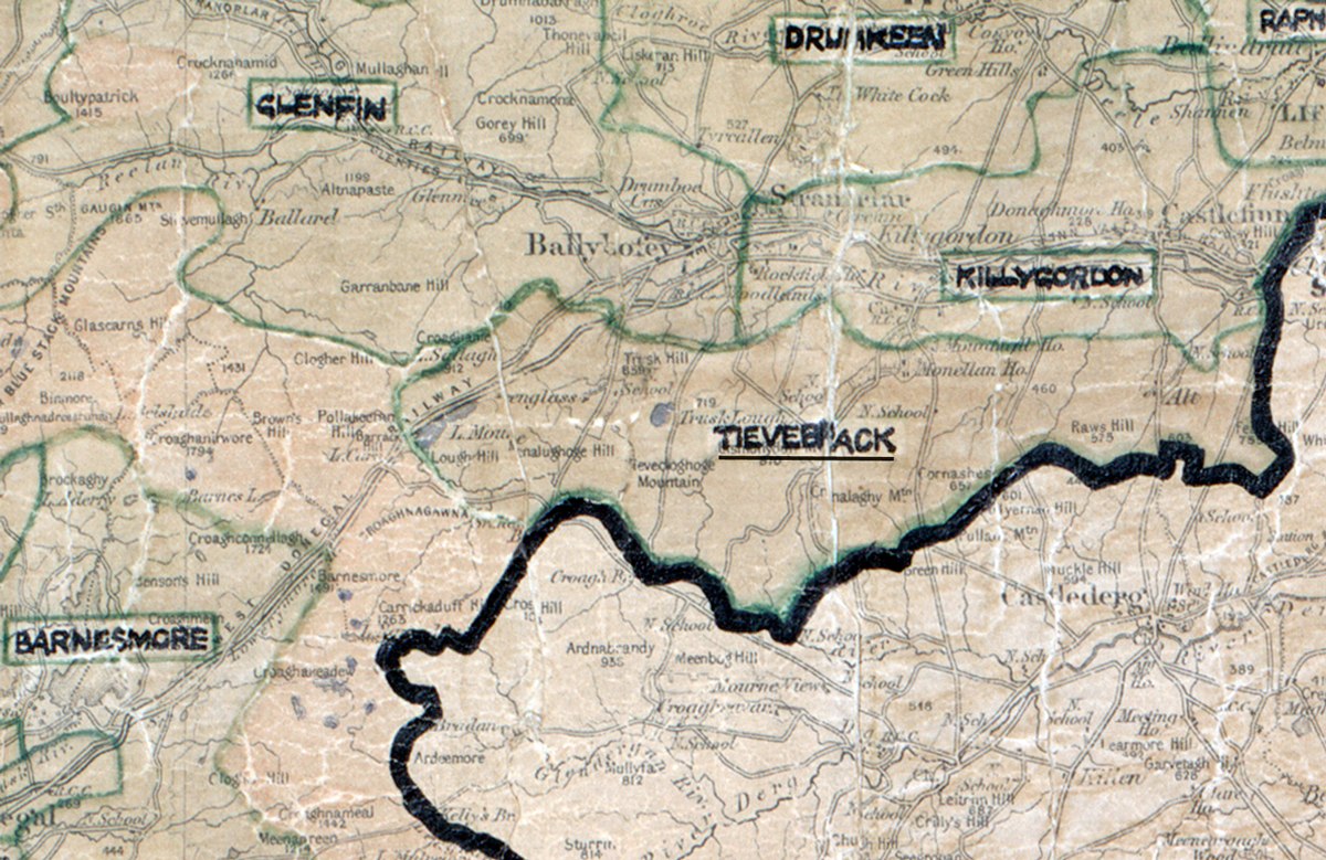 A scanned, worn historical map from the 1940s of the  rural electrification area around Tievebrack.