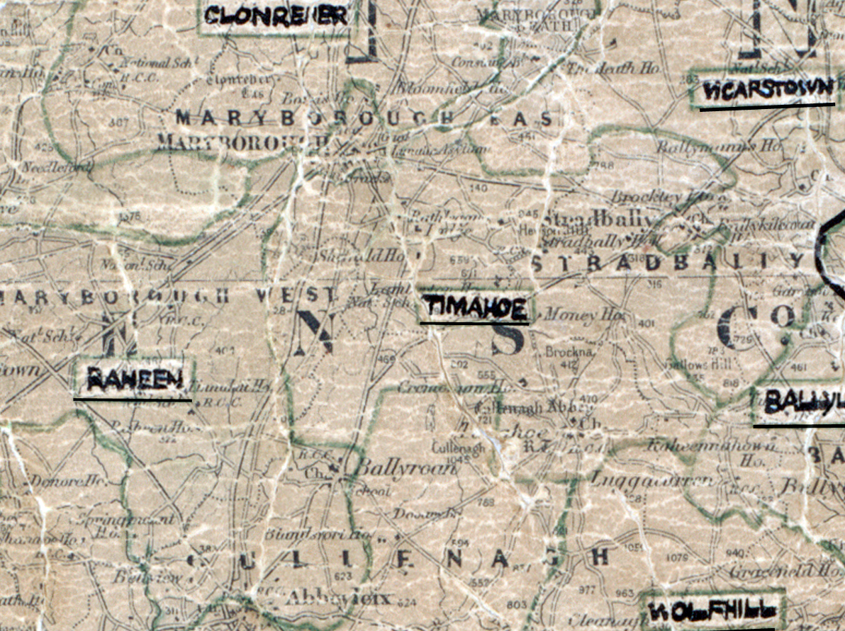 A scanned, worn historical map from the 1940s of the  rural electrification area around Timahoe. A  hand‑drawn boundary outlines the region