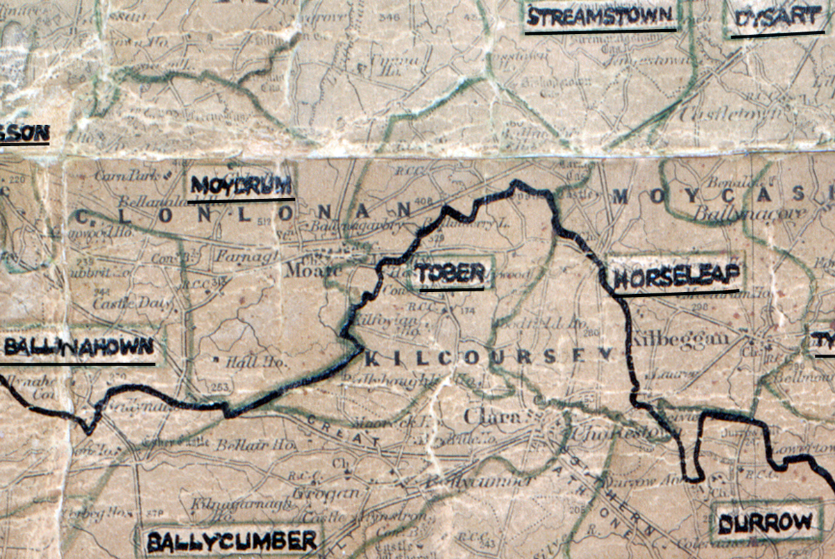 A scanned, worn historical map from the 1940s of the  rural electrification area around Tober.