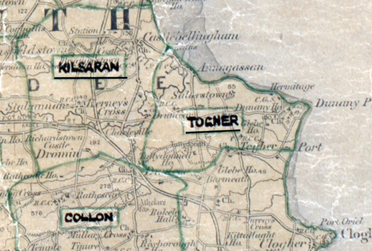A scanned, worn historical map from the 1940s of the  rural electrification area around Togher.